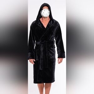 STAFFORD MENS BLACK HOODED ROBE OSFM BATHROBE HOOD GREAT DEAL NICE SHAPE LQQK!